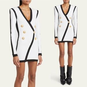 Balmain Contrast Trim Long Sleeve Bodycon Dress 40 FR 8 US White Black NWT